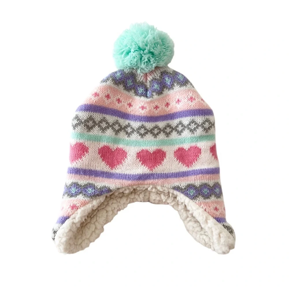Addie & Tate Cozy Heart Patterned Pink & Mint Pom-Pom Hat | Toddler Girls